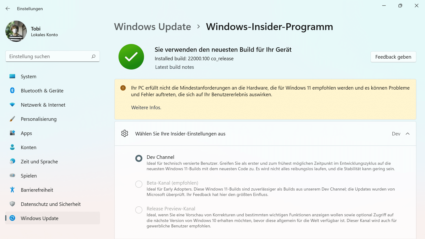 So sieht die Konfigurationsseite für das Insider Programm unter Windows 11 aus. Wenn Sie das Insider Programm aktivieren, können Sie das Betriebssystem jetzt schon testen.